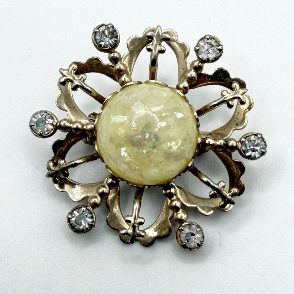 Vintage Gold Tone Floral Burst Brooch 1.5" Faux Opal Center Rhinestone